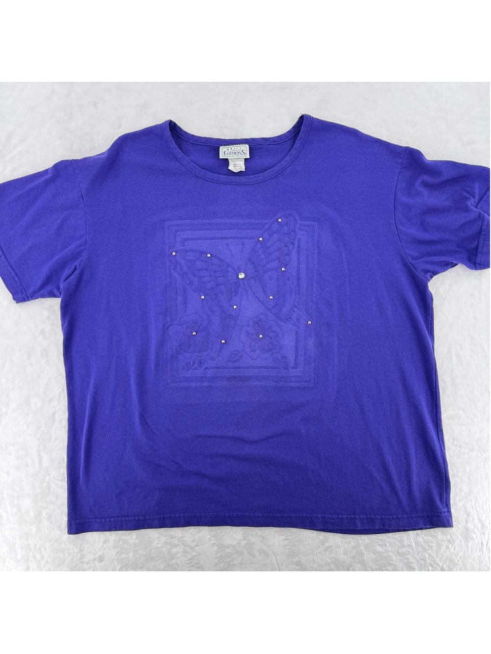 Vintage Y2K Purple Tee Embossed Butterfly Gold Studs Rhinestone Whimsigoth Large